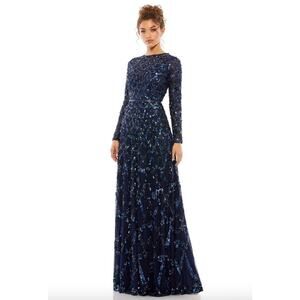 MAC DUGGAL Dress Size 6 Evening Gown Sequin Navy Blue Embellished Illusion NEW